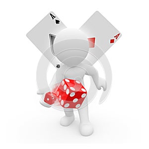 3D character with dice and playing cards