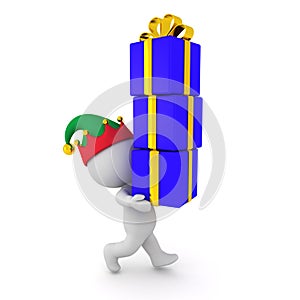 3D Character with Elf Hat Carrying Wrapped Gifts