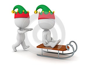 3D Character with Elf Hat Pushing another 3D Character on a Sled