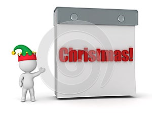 3D Character with Elf Hat Showing Tare Off Calendar with Christmas Text