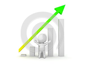 3D Character with his arms raised with graph showing success behind him