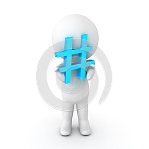 3D Character holding a blue pound or hashtag sign