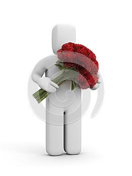 3d character holding out large bouquet of roses