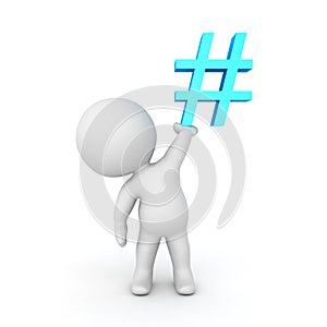 3D Character holding up blue pound or hashtag sign