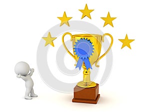 3D Character and Large Gold Trophy with Blue Ribbon and Stars