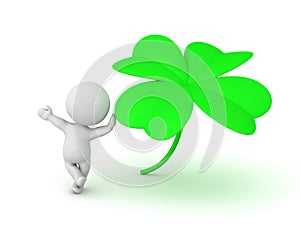 3D Character leaning on a four leaf clover