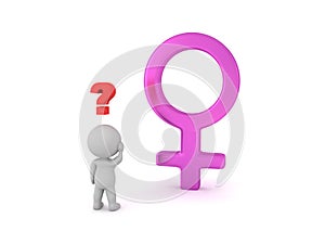 3D Character looking confused at female gender sign
