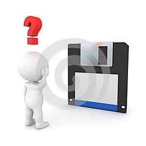 3D Character looking confused at retro floppy disk