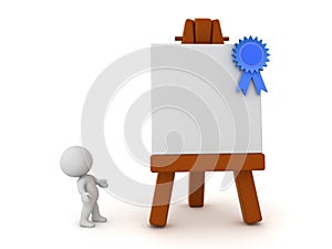 3D Character Looking Up at an Art Easel with Blue Ribbon