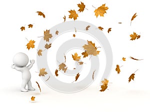 3D Character Looking up at falling Autumn Leaves