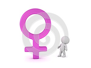 3D Character looking up at female gender symbol