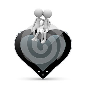 3D Character in Love sitting on Heart Shaped Tablet PC