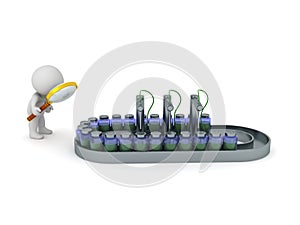 3D Character with magnifying glass looking at vaccine medical machine