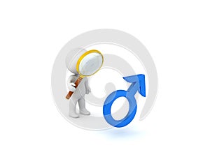 3D Character with magnifying glass and male gender symbol