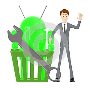 3d character , man , a basket with a green robot in it and a spanner wrench
