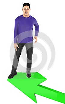 3d character , man excited , surprised while standing on top of a arrow