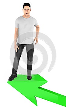 3d character , man excited , surprised while standing on top of a arrow