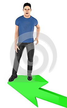 3d character , man excited , surprised while standing on top of a arrow