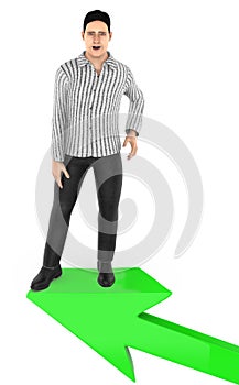 3d character , man excited , surprised while standing on top of a arrow