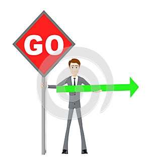 3d character , man with go post and holing a direction suggesting arrow