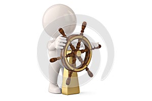 3d character man and at a helm helmsman.3D illustration.