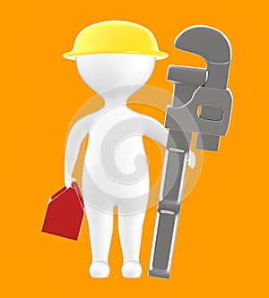 3d character , man holding a toolkit , wearing safety helmet and holding a pipe wrench