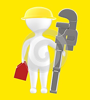 3d character , man holding a toolkit , wearing safety helmet and holding a pipe wrench