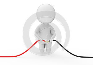 3d character , man holding wires from both ends / direction in hand