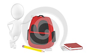 3d character , man leaning towards a school bag , pencil , eraser , notepad , books lying on the floor