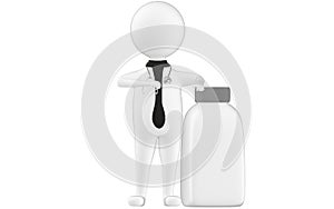 3d character , man medical practioner , doctoer with a empty closed lid bottle