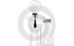 3d character , man medical practioner , doctoer with a empty closed lid bottle