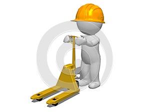 3d character man pushing empty pallet truck with yellow safety helmet