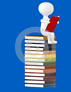 3d character , man reading book sitting over top of a pile of books