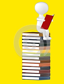 3d character , man reading book sitting over top of a pile of books
