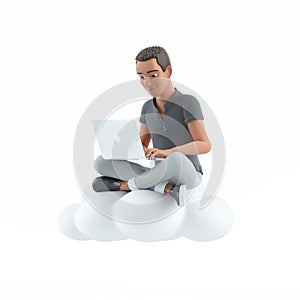3d character man sitting on cloud and using laptop
