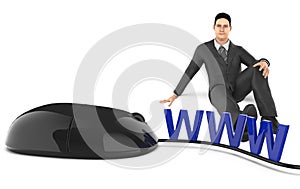 3d character , man sitting next to www text and mouse