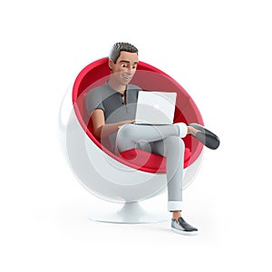 3d character man sitting in spherical chair with laptop