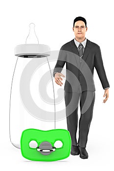 3d character , man standing next to a pacifier and a babby feeding bottle