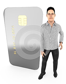 3d character , man standing to a chip enabled electronic card