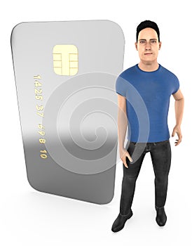 3d character , man standing to a chip enabled electronic card