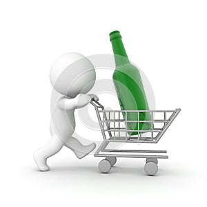 3D Character pushing a shopping cart with a giant bottle in it