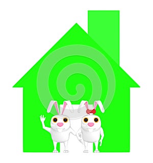 3d character , rabbit , male and female standing near a house sign