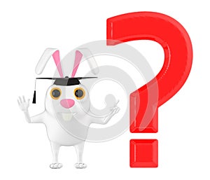 3d character , rabbit wearing graduation cap and standing near a question mark