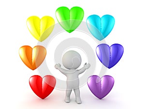 3D Character with rainbow colored cartoon hearts around him