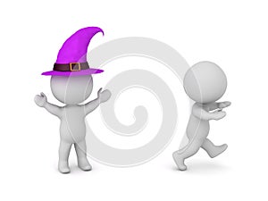 3D Character Running Away from Character Wearing Witch Hat