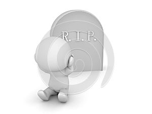 3D Character is sad in front of a gravestone
