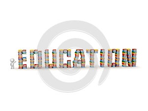 3D Character Showing Stacks of Books Spelling Education