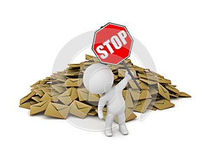 3D Character with Stop Sign and Pile of Mail Envelopes
