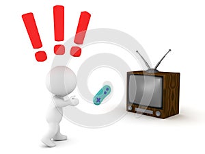 3D Character throwing angrily video game controller at the television screen