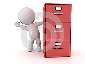 3D Character Waving from Behind Red Archiving Cabinet